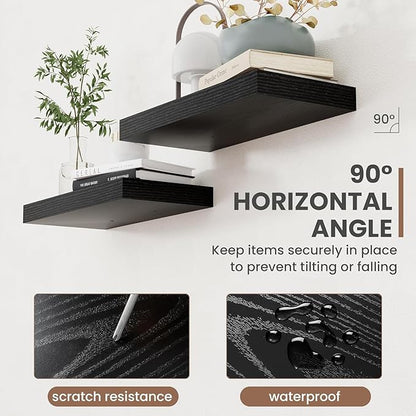 Acovy 48 Inch Floating Shelves, 8 Inch Deep Floating Shelves for Wall, Hanging Shelf with Invisible Brackets, Deep Shelves for Bathroom, Bedroom, Living Room, Black, Set of 2