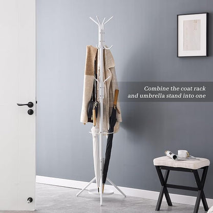 Kitsanery Coat Rack Freestanding,Metal Coat Tree with Umbrella Holder,Hat and Coat Rack Stand for Entryway, Hallway, Living Room, Bedroom (White)