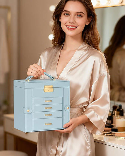 TORIBIO Jewelry Box for Women, Leather Jewelry Organizer with Mirror & Lock, 5-Tier Jewelry Storage Organizer with 4 Drawers for Girls/Women/Mothers, Necklace Earring Bracelets Holder Organizer