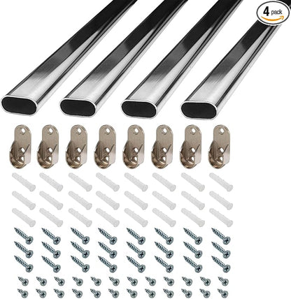 46 inch Long Steel Oval Closet Rod with Hanging Brackets, Wall Anchors, Screws | Polished Chrome Finish | Complete Installation Kit | Outwater Plastics (4 Pack)
