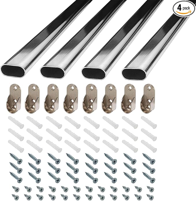 30 inch Long Steel Oval Closet Rod with Hanging Brackets, Wall Anchors, Screws | Polished Chrome Finish | Complete Installation Kit | Outwater Plastics (4 Pack)