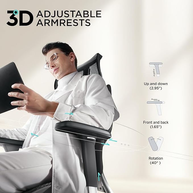 Hbada E3 Air Ergonomic Office Chair, Big and Tall Office Chair - with 3-Zone Dynamic Lumbar Support, 3D Adjustable Headrest, 3D Adjustable Armrests, Swivel Computer Chair, Black(No Footrest)