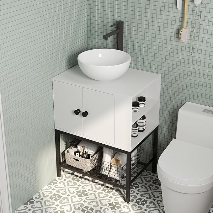 Modern Floor-Standing Bathroom Vanity with Ceramic Vessel Sink, 24 Inch White Wood Storage Cabinet with Black Steel Base, Minimalist Design Easy Assembly for Small Bathrooms