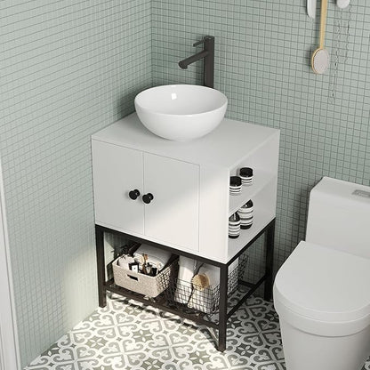 Modern Floor-Standing Bathroom Vanity with Ceramic Vessel Sink, 24 Inch White Wood Storage Cabinet with Black Steel Base, Minimalist Design Easy Assembly for Small Bathrooms