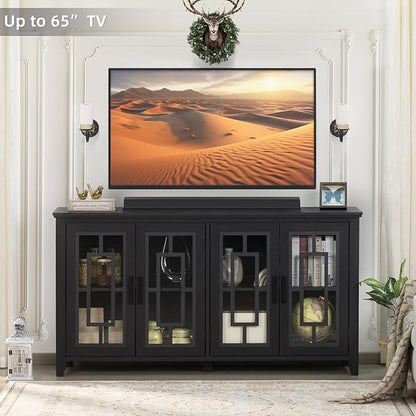 Large Sideboard Buffet Cabinet with Storage, 63" Black Farmhouse Kitchen Coffee Wine Bar Cabinet with 4 Glass Doors, Mid Century Modern Wooden Side Board Table for Dining Room, Living Room