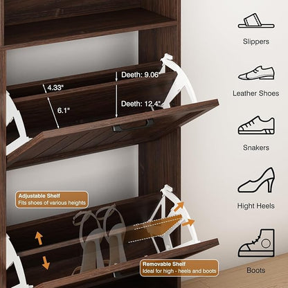 Shoe Storage Cabinet with 4 Flip Drawers, Farmhouse Modern Hidden Shoes Rack Cabinet with Adjustable Shelves & Open Storage, Narrow Slim Shoe Organizer for Front Door Entrance, Entryway, Walnut