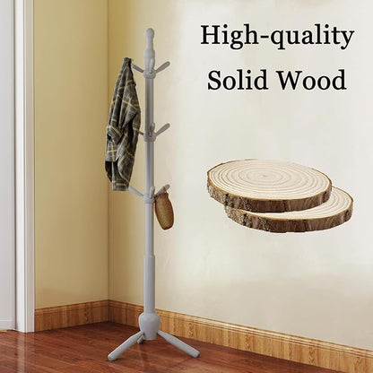 Solid Wood Coat Rack Stand, Vintage Heavy Duty Coat Hanger Stand with 9 Hooks, 3 Adjustable Size Sturdy Coat Tree for Living Room, Entryway, Office, Hallway, Grey