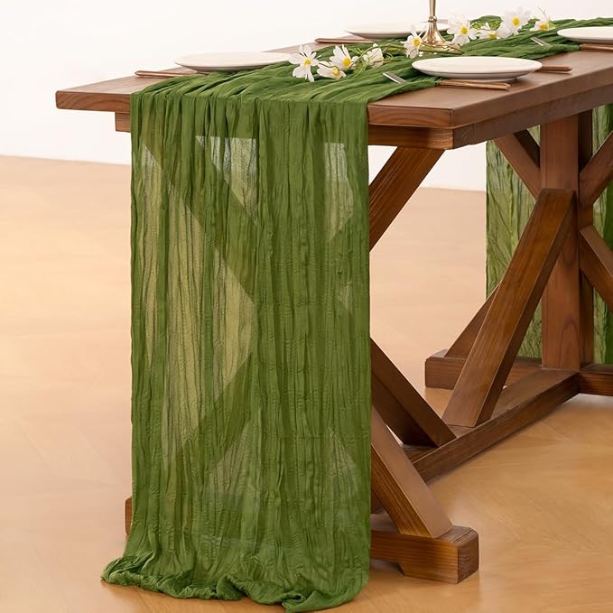 Socomi Olive Green Valentine's Day Cheesecloth Table Runner Boho Rustic Gauze 120 inch 10FT Cheese Cloth Runner for Wedding Party Baby Shower Birthday Home Decor Holiday Decorations