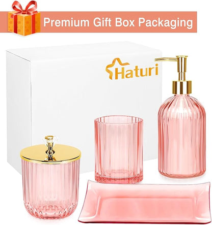 Haturi Bathroom Accessories Set, 4 Pcs Pink Glass Bathroom Accessories Sets Complete w/Lotion Soap Dispenser, Toothbrush Holder, Apothecary Jar, Vanity Tray, Bathroom Decor, Gift for Home Apartment