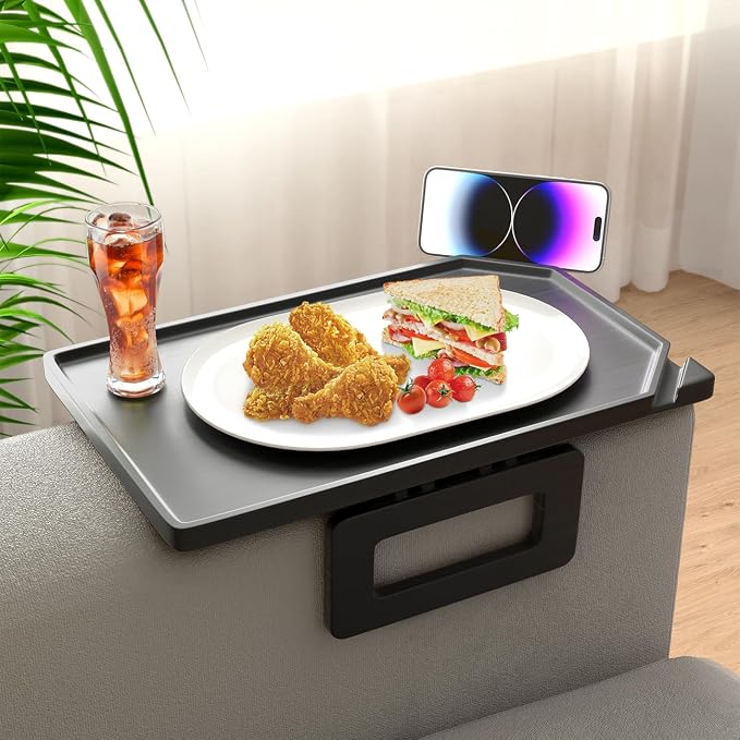 Smatdecis Couch Arm Tray Table Sofa Arm Clip, Armrest Tray Table Suitable for Home Drinks/Fast Food/Fruit Etc, Large Size Multi-Function Black(Dual Phone/Tablet Holder)