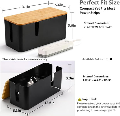 ZhiYo Bamboo Lid Cord Organizer Box, Safe ABS Cable Management Box for TV and Computer, Wood Cover Cord Hider to Hide Wires, Router, USB Hub & Under Desk Power Strip, 1 Pack L13.1 xW5.6 xH5.6 Black