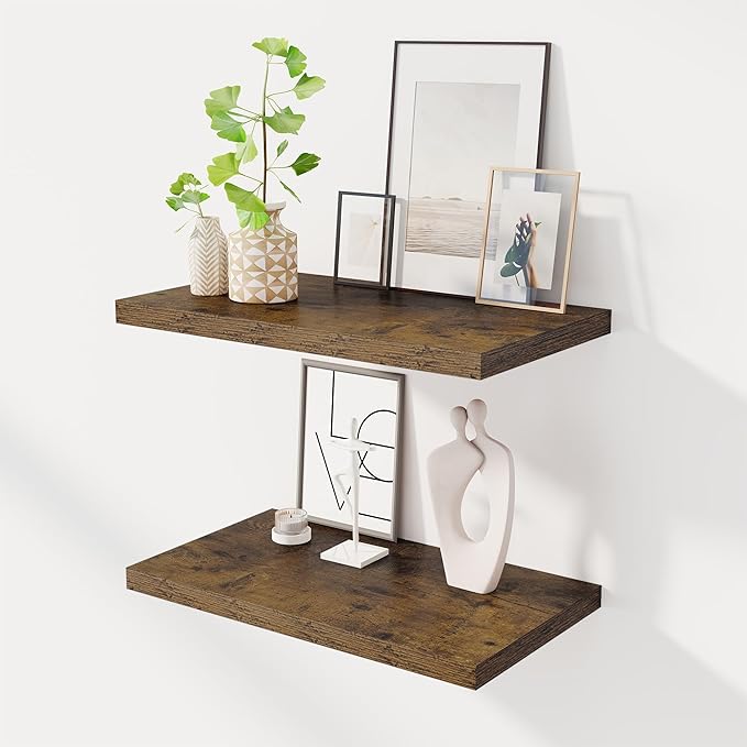 Dreamland 24" Floating Shelves for Wall, 12" Deep Slim Rustic Brown Floating Shelves, Wall-Mounted Shelves for Bedroom, Living Room, Kitchen, Bathroom - Set of 2