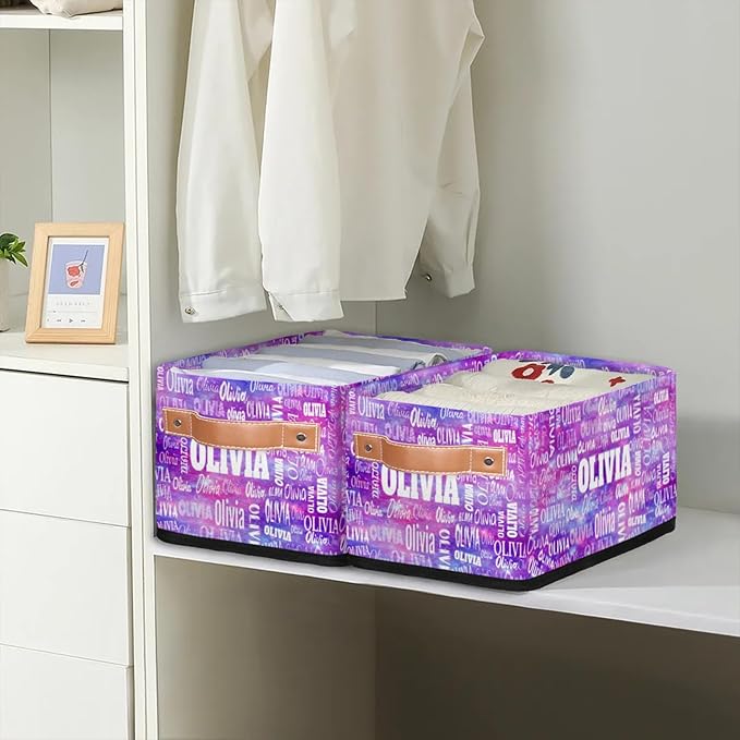 Custom Name Storage Basket, Personalized Small Storage Basket with Handles for Organizing Women Cosmetics Kids Toys Office Closet Shelf Baskets, Watercolor Purple Universe