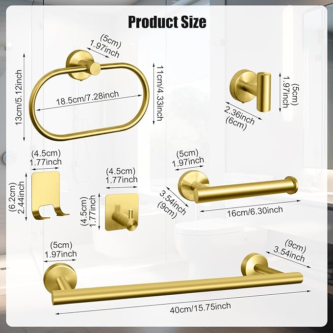 Bathroom Hardware Set, 7 Pcs Bathroom Towel Rack Stainless Steel Bath Hardware Kit Including 16" Hand Towel Bars, Toilet Paper Holders, Towel Rings, Robe Towel Hooks (Gold)
