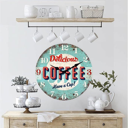 XFM Vintage Kitchen Wall Clock 12 Inch Silent Wooden Wall Clocks Battery Operated Blue Retro Round Clocks for Cafes Bar Farmhouse Office