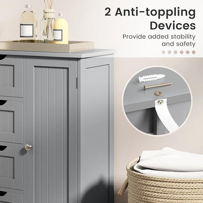 Tangkula Bathroom Floor Cabinet, Freestanding Storage Cabinet with 4 Drawers & Single Door, Adjustable Shelf, Multipurpose Bathroom Storage for Home Office, 21.5 x 12 x 32.5 Inches (Grey)