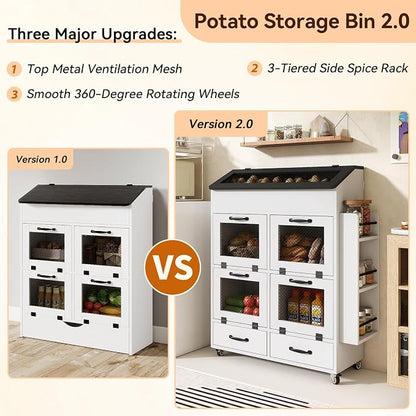 Verano Garden Large Potato and Onion Storage Bin on Wheels, Wood Bread Box w/Lid & Mesh Doors, 4-Tier Rolling Fruit and Vegetable Storage Organizer w/Grocery Section & Side Rack (White, 31.5")