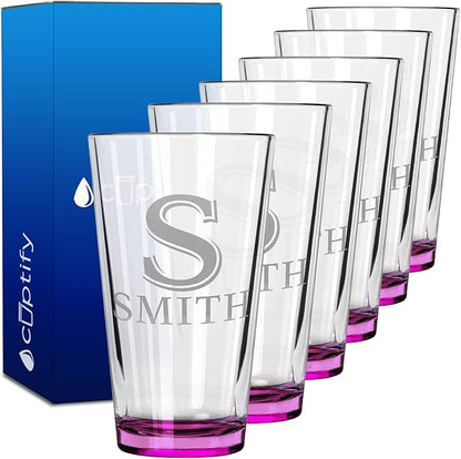 Personalized Beer Glasses Set of 6 Engraved Pink 16oz Pint Glasses for Men & Women, Custom Drinking Gift for Birthdays, Weddings, Father’s Day & More