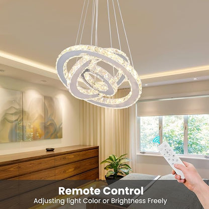 Chandelier LED Crystal Chandelier Lighting Dimmable LED Chandeliers Modern Ceiling Light Fixture 3 Rings Adjustable Stainless Steel Pendant Light for Bedrooms Living Room