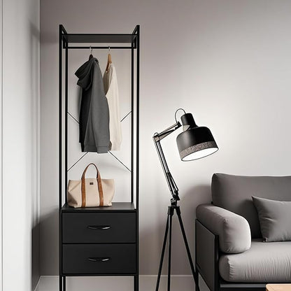 Clothing Rack with 2 Fabric Drawers - Black Steel Frame & Wood Shelf - Durable Clothes Stand Organizer with Hanging Rod - Space-Saving Closet Storage for Shirts, Dresses & Jackets