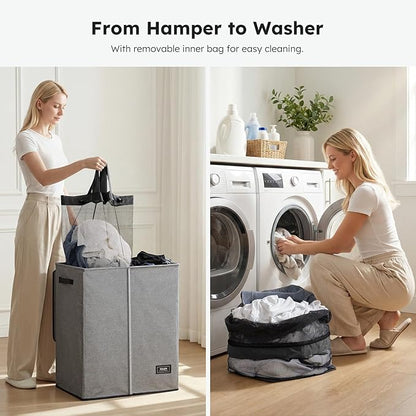 SOLEDI Double Laundry Basket with Lid and Removable bag, Large Laundry Hamper 2 Section with handles, Collapsible Dirty Clothes Hampers for Laundry, Bedroom, Dorm, College