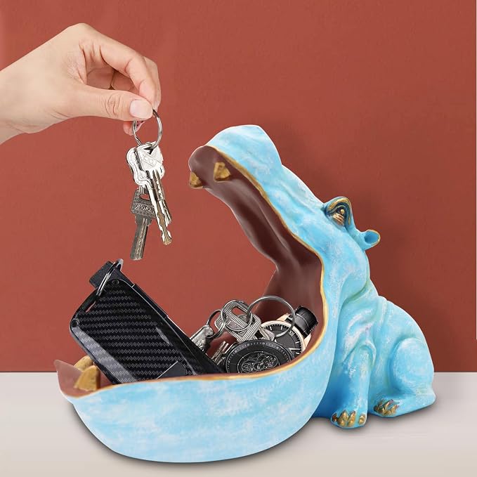 aboxoo Hippo Statue Home Resin Hippopotamus Figurine Fun Candy Dish,Key Bowl,Big Mouth Sculpture Table Art Decoration Sundries Container Storage Box (Light Blue)