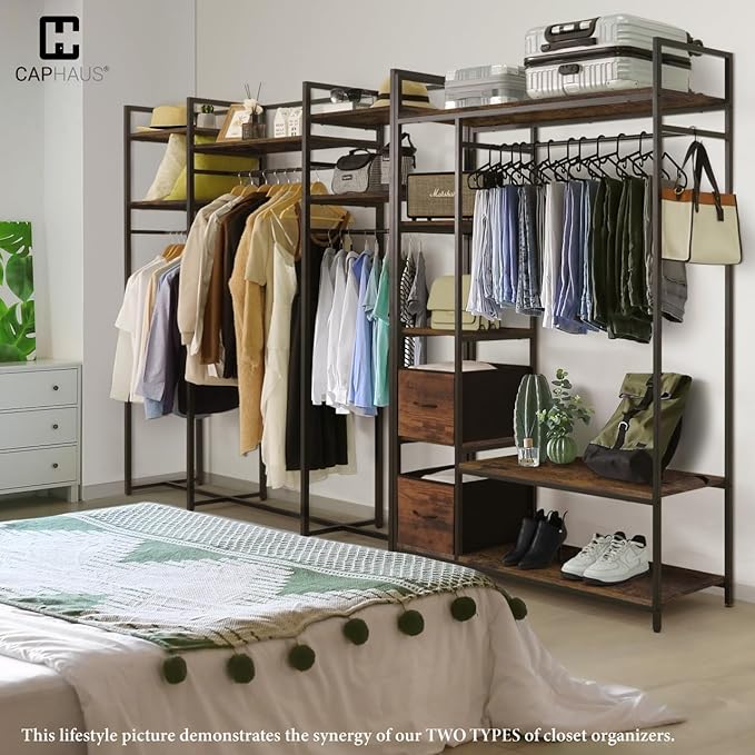 CAPHAUS 913lbs Capacity Garment Rack for Hanging Clothes, Heavy Duty Open Wardrobe w/Hanging Rods, Free Standing Closet Organizer, Clothing Rack, Metal Closet w/Wooden Boards, Rustic Oak Board