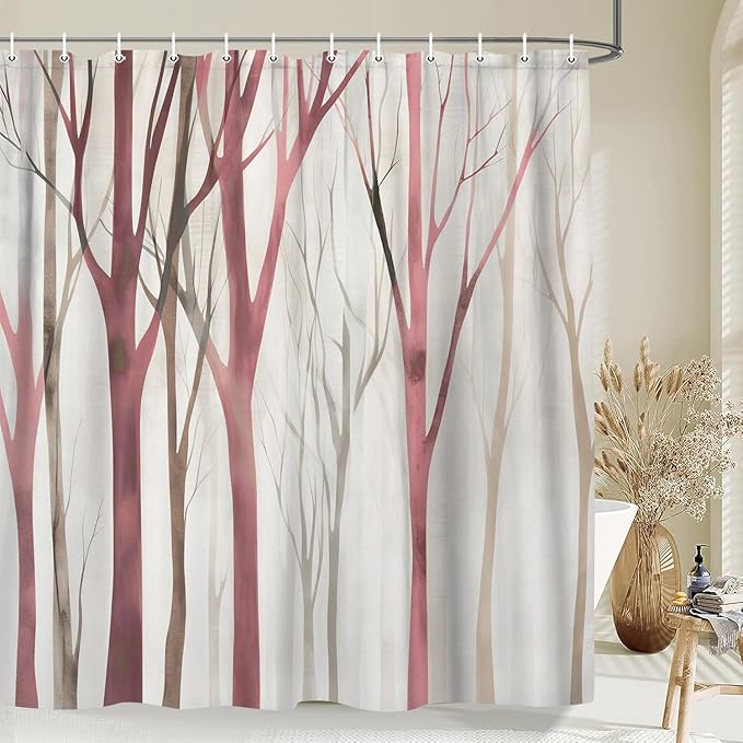 MERCHR Brown Red Tree Fabric Shower Curtain, Art Style Abstract Birch Forest Rustic Wood Polyester Fabric Waterproof Bath Curtain, Farmhouse Bathroom Shower Curtains with Hooks 72X75 Inch