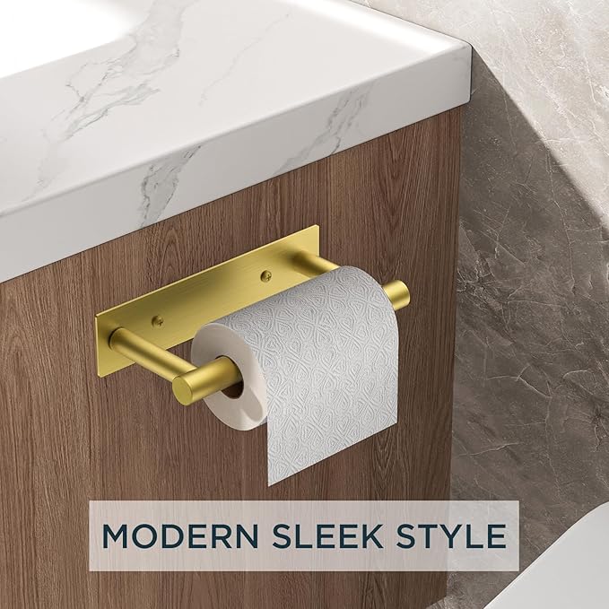 FORIOUS Toilet Paper Holder, Adhesive or Wall Mounted Options, Stainless Steel Rustproof Stick on no Drilling Double Post Pivoting Toilet Tissue Roll Holder Wall Mount for Bathroom, Brushed Gold