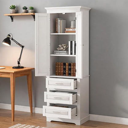 Storage Cabinet, Tall Bathroom Cabinet with Adjustable Shelf | Tall storage cabinet, upper enclosed cabinet and 3 pull-out compartments keep daily essentials organized