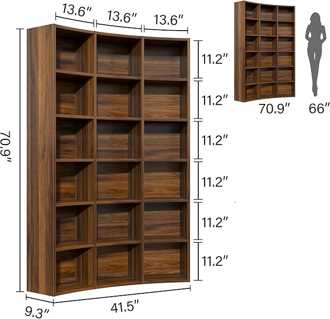 Semoic 71" Curved Bookshelf,Triple Width 6 Tier Bookcase with Storage Cabinet,Modern Tall Bookshelf with 18 Open Display Shelves, Floor Standing Book Shelf for Living Room,Brown