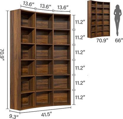 Semoic 71" Curved Bookshelf,Triple Width 6 Tier Bookcase with Storage Cabinet,Modern Tall Bookshelf with 18 Open Display Shelves, Floor Standing Book Shelf for Living Room,Brown