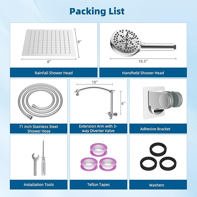 Hibbent All Metal cUPC Certified Shower Head, 8'' High Pressure Rainfall Shower Head, Handheld Showerhead Combo with 16'' Adjustable Extension Arm, 10 Sprays, 71'' Hose, Showerhead Holder, Chrome