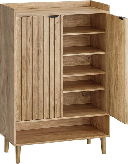 Smuxee Oak Shoe Cabinet with Fluted Doors, 6-Tier Shoe Storage Cabinet with Adjustable Shelves, Freestanding Shoe Organizer Cabinet for Entryway, Hallway, Closet, Living Room