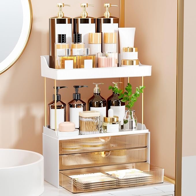 StorBin 2 Sets 6 Drawers Makeup Organizer – 5 Tier Bathroom Organizers and Storage, Versatile Perfume Vanity Organizer, Ideal for Cosmetic, Large Skincare, Face Mask, Office Supplies, Amber