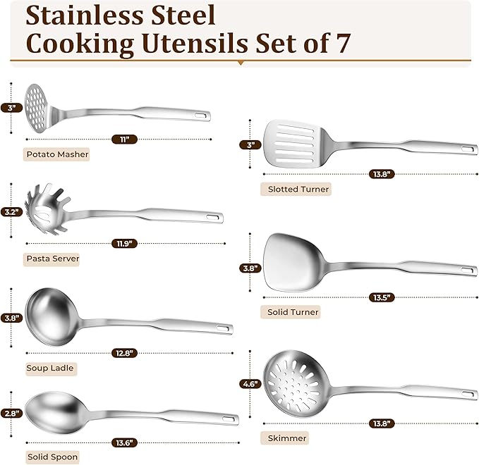 TeamFar Stainless Steel Cooking Utensils Set, 7 Pcs Kitchen Utensils, Heat Resistant Metal Kitchen Tools Include Solid & Slotted Turner/Spoon/Ladle/Skimmer/Pasta Server/Potato Masher, Dishwasher Safe