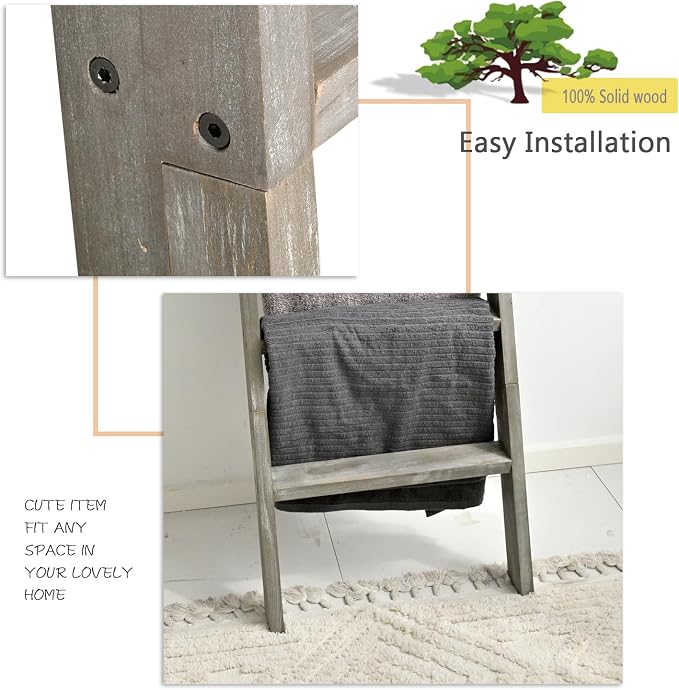 FUIN 5ft (58") Wood Blanket Ladder Living Room Decorative Wall Leaning Farmhouse Quilt Display Holder Shelf Rustic Wooden Towel Rack for Bathroom, Grey