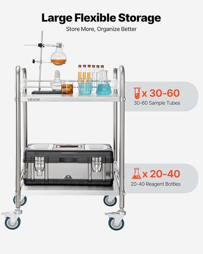VEVOR Stainless Steel Rolling Cart, 2-Tier Metal Utility Cart with Lockable Wheels, Medical Serving Trolley Clinic Tray, Mobile Service Cart for Hospital, Lab, Restaurant, Kitchen, Salon