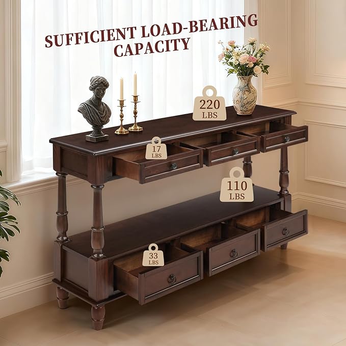 Vintage Solid Wood Console Table with 6 Drawers - 54" Hallway Sofa Table with Bottom Shelf for Entrance, Living Room & Foyer, Espresso