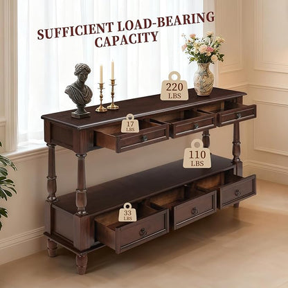 Vintage Solid Wood Console Table with 6 Drawers - 54" Hallway Sofa Table with Bottom Shelf for Entrance, Living Room & Foyer, Espresso