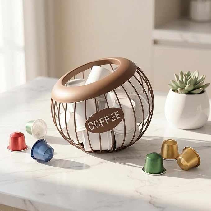 Brown Coffee Pod Holder Basket Compatible with Nespresso Vertuo & K-Cup, Metal Wire Coffee Capsule Organizer for Countertop Storage, Holds Up to 30 Vertuo Pods or 18 K Cups
