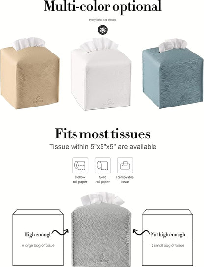 Tissue Box Cover, Jeethemy Square PU Leather Tissue Box Holder, Modern Tissue Case Facial Paper Organizer Dispenser，5X5X5'',Single Light Grey