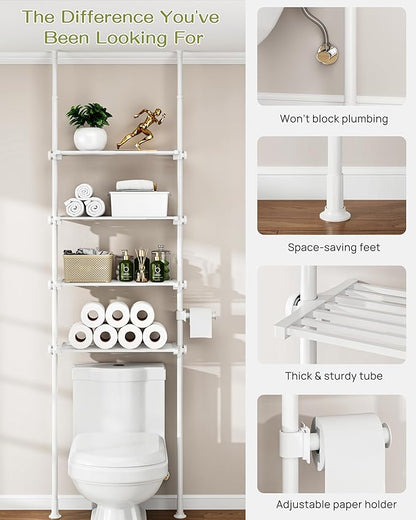 ALLZONE Adjustable Over The Toilet Storage Shelf, 4-Tier Ample Bathroom Organizer and Storage, Tension Mounted Above Toilet Storages Cabinet for Versatility, Fits 66-113 Inch Heights, White