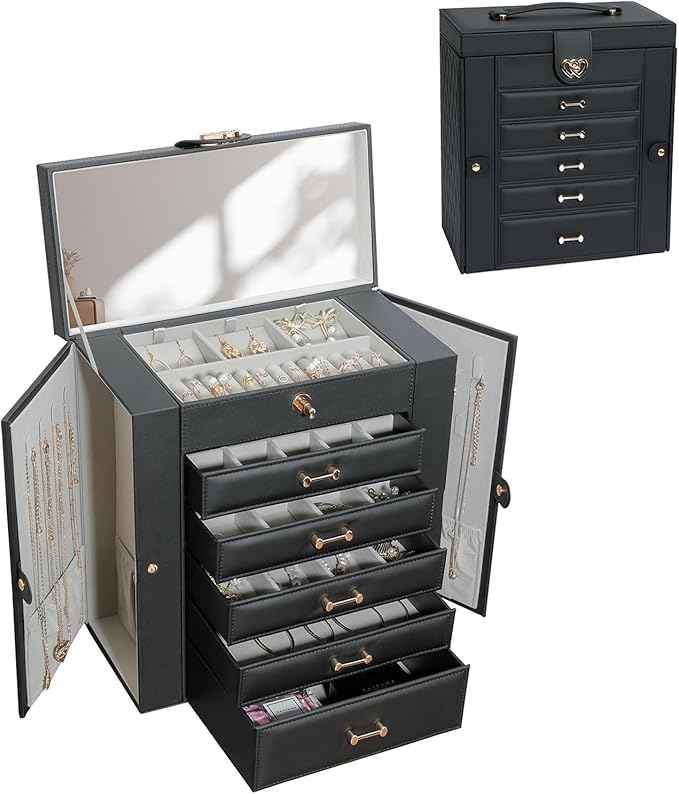 Large Jewelry Box,Jewelry Organizer Box with 5 Drawers,6-Tier Jewelry Holder Organizers Jewelry Storage Case with Mirror,Jewelry Boxes for Women (Black)