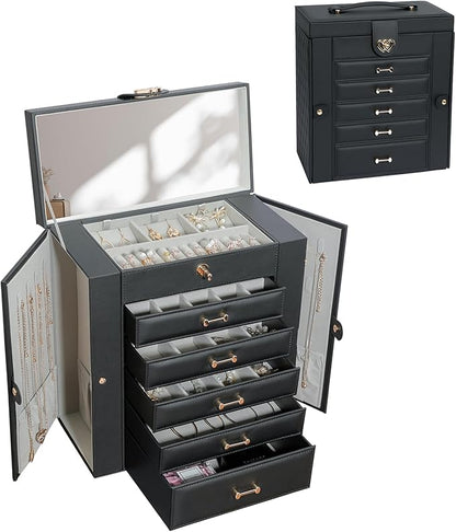 Large Jewelry Box,Jewelry Organizer Box with 5 Drawers,6-Tier Jewelry Holder Organizers Jewelry Storage Case with Mirror,Jewelry Boxes for Women (Black)