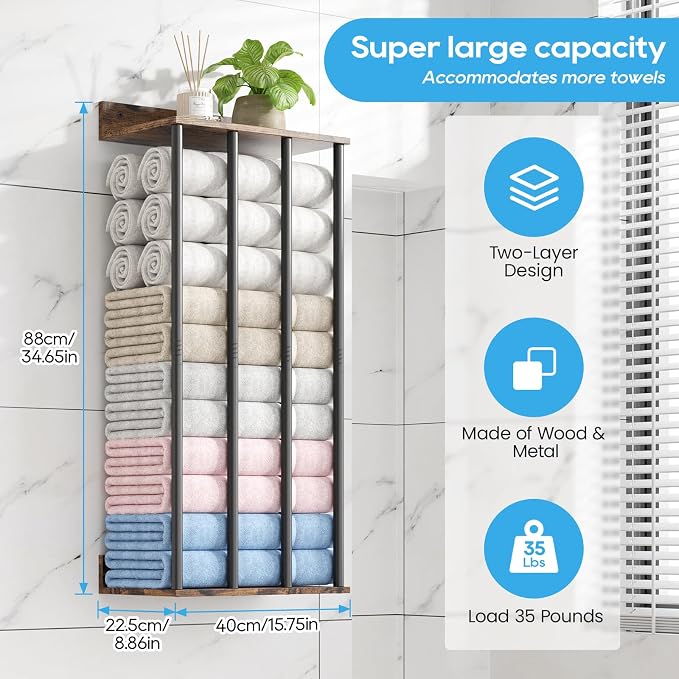 Towel Racks for Bathroom Wall Mounted, Updated 4 Bar Wall Towel Holder | Large Bathroom Towel Storage Rack for Rolled Towels, Vintage Metal Towel Organizer Shelf with Wooden Storage Shelf