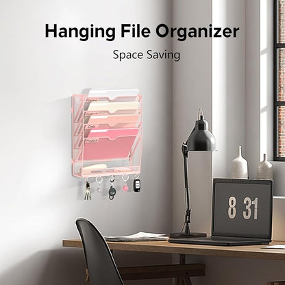 5 Tier Wall File Organizer - Hanging File Organizer with 5 Hooks, Mail Holder Wall Mounted for Papers, Folders, Magazines, Bills, Office&School Organization, Pink