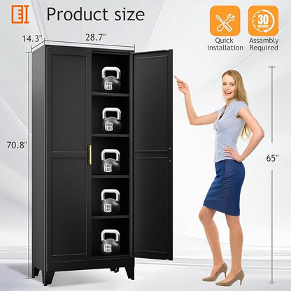 71" Tall Metal Pantry Storage Cabinet with Doors and 4 Adjustable Shelves, Black Kitchen Food Pantry Cabinets, Tall Freestanding Cupboard for Kitchen, Dining Room or Living Room, Black