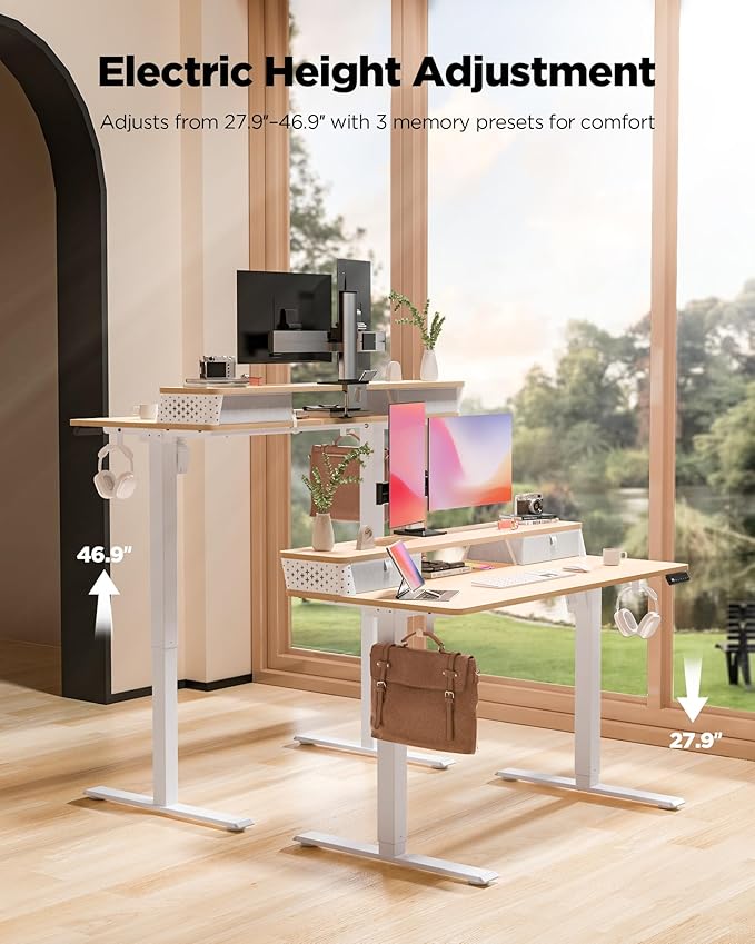 FiCiHi Standing Desk with Drawers, C-Clamp Mount Compatible, 55x24 Inch Electric Adjustable Height Computer Stand Up Desks, Home Office Sit Stand Table with 3 Preset Heights & 2 Hooks, Natural