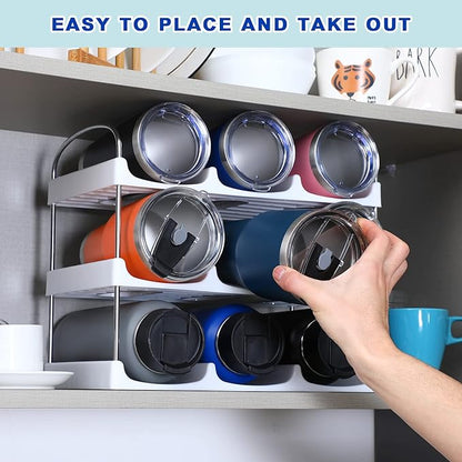 LANDNEOO Stackable Water Bottle Organizer Holder - for Stanley & Others' Large Tumbler Organization - White Plastic Wine Rack, Bottle Holder for Home Countertop Fridge Pantry Shelf, 3 Tier Hold 9